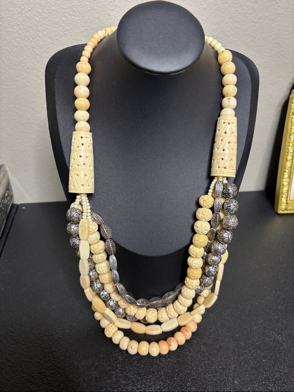 CHICO’s Necklace Faux Ivory Bone Silvertone Etched Beaded Multi Strand Statement